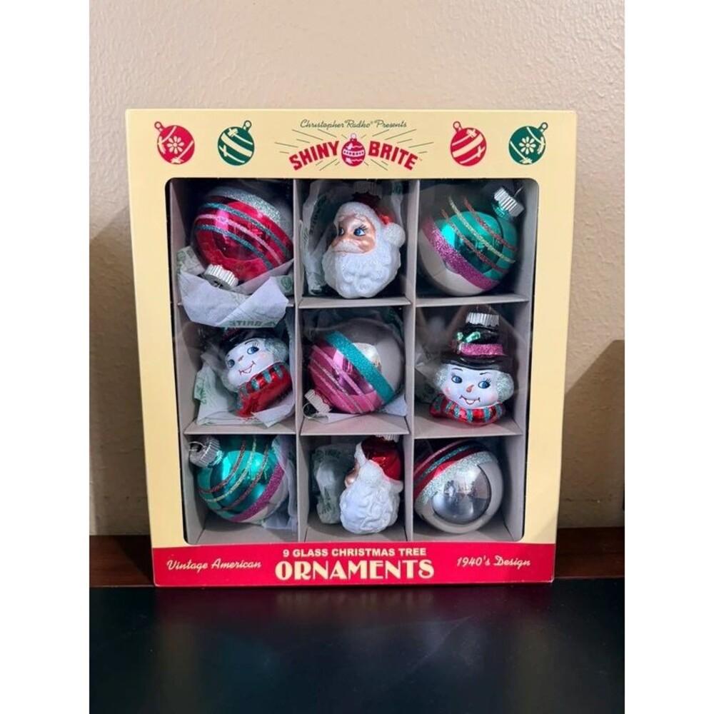 Christopher Radko Shiny Brite Stripe Multi-Color Round Christmas Ornaments Retro